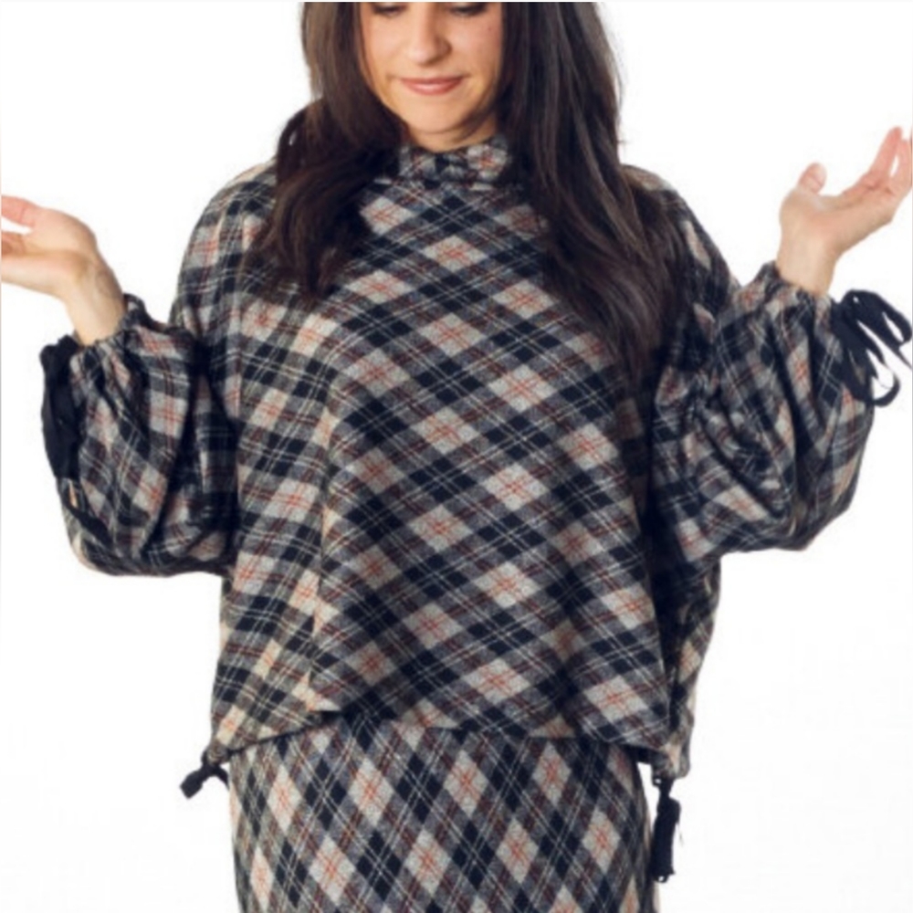 S Bryn Walker Plaid Cowl Neck Sweater